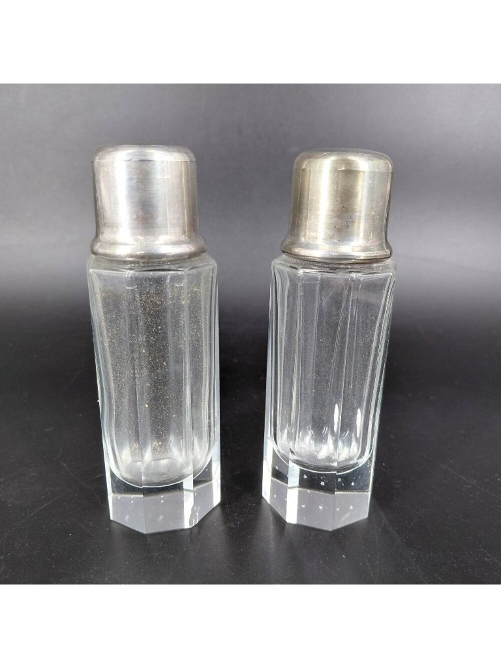 Vintage Glass Salt & Pepper Shakers Set 2 Clear Heavy Metal Lid Hexagon Bubble